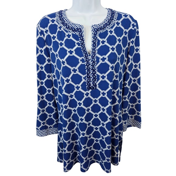 Peck & Peck Collection Tops - Peck & Peck Women's Size 10 Blue White Geometric Beaded Neckline Tunic Top /B10